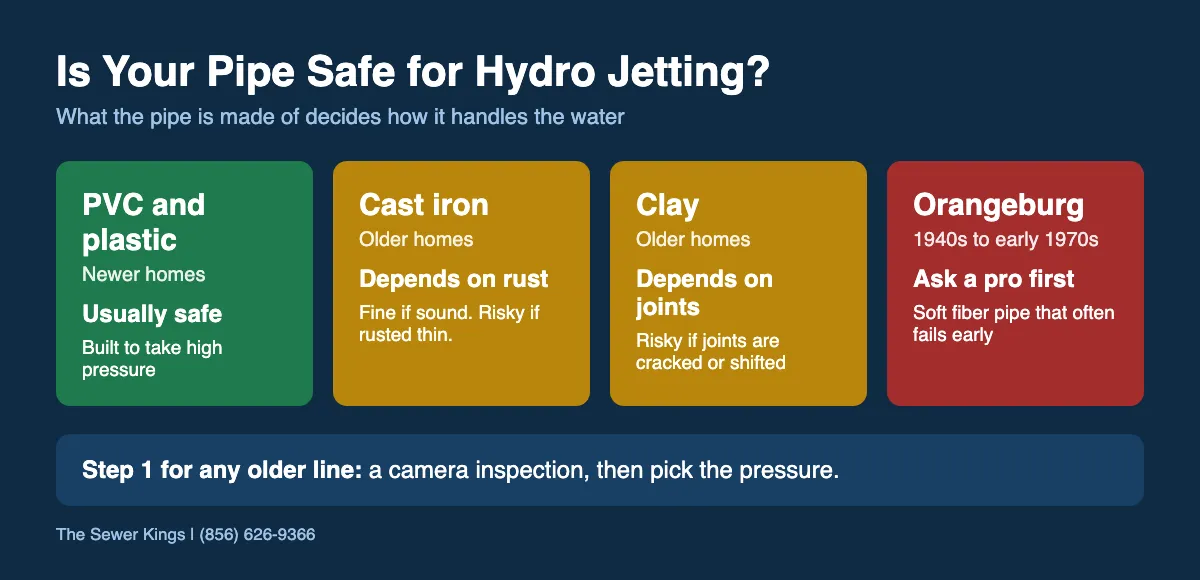 Chart of how PVC, cast iron, clay and Orangeburg pipe handle hydro jetting