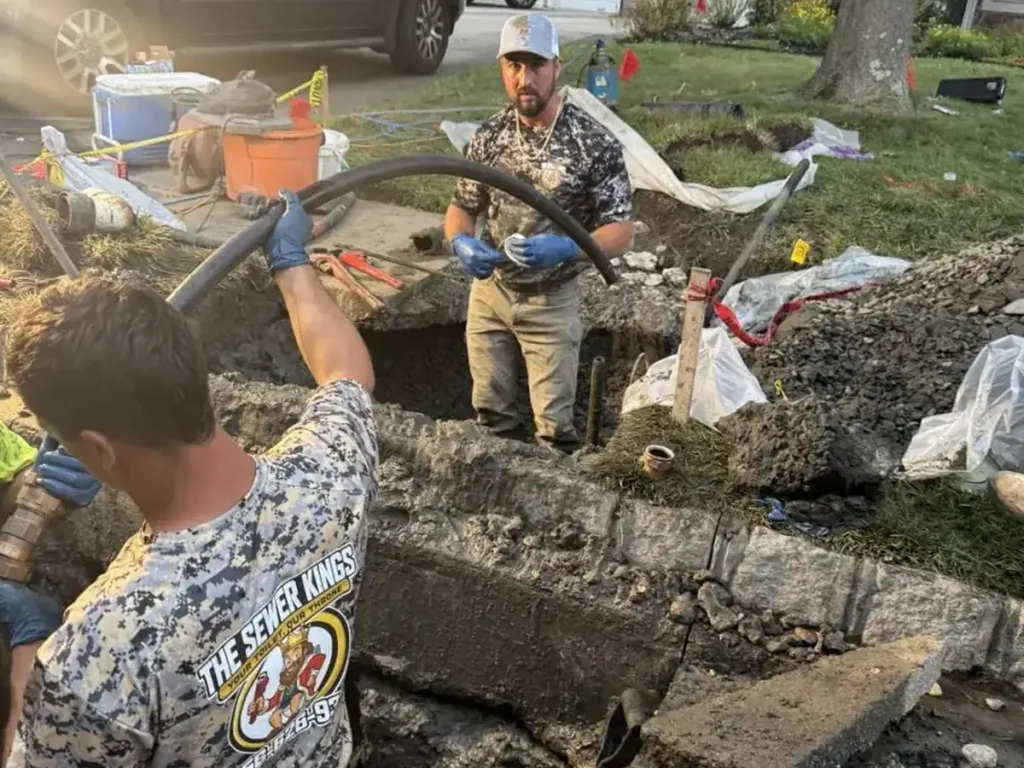 How Long Your Evesham Lawn Takes to Recover After Sewer Line Repair Sewer Kings crew working a sewer line repair beside stacked sod on an Evesham, NJ front lawn