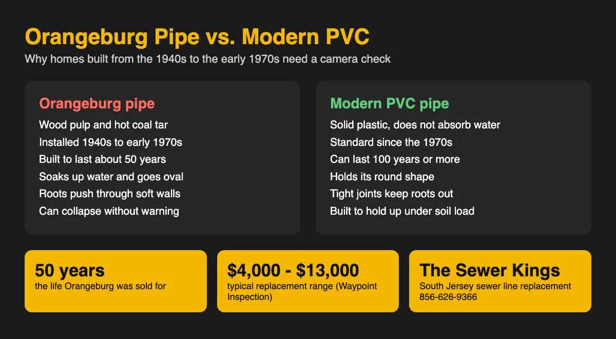 Infographic comparing Orangeburg pipe and modern PVC pipe on material, lifespan and failure risk