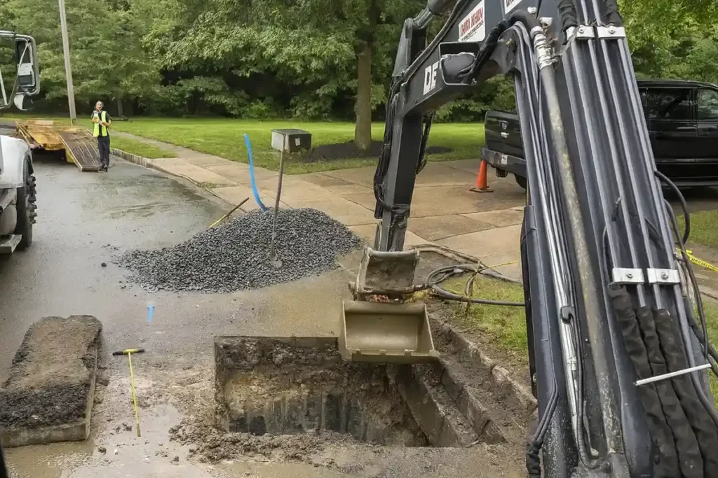 Protecting Your Sewer Line During a Driveway or Patio Project in Evesham Cut pavement slab lifted beside an open sewer trench at a driveway edge in Evesham, NJ