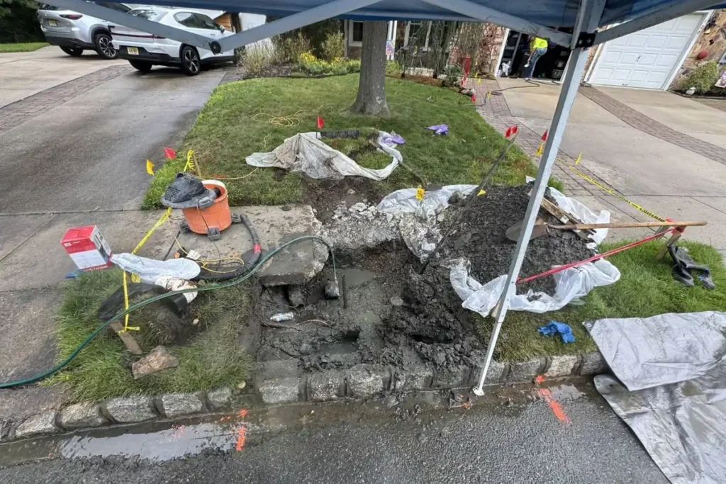 Protecting Your Sewer Line During a Driveway or Patio Project in Evesham Utility marking flags around a sewer dig cut through a concrete walkway in Evesham, NJ