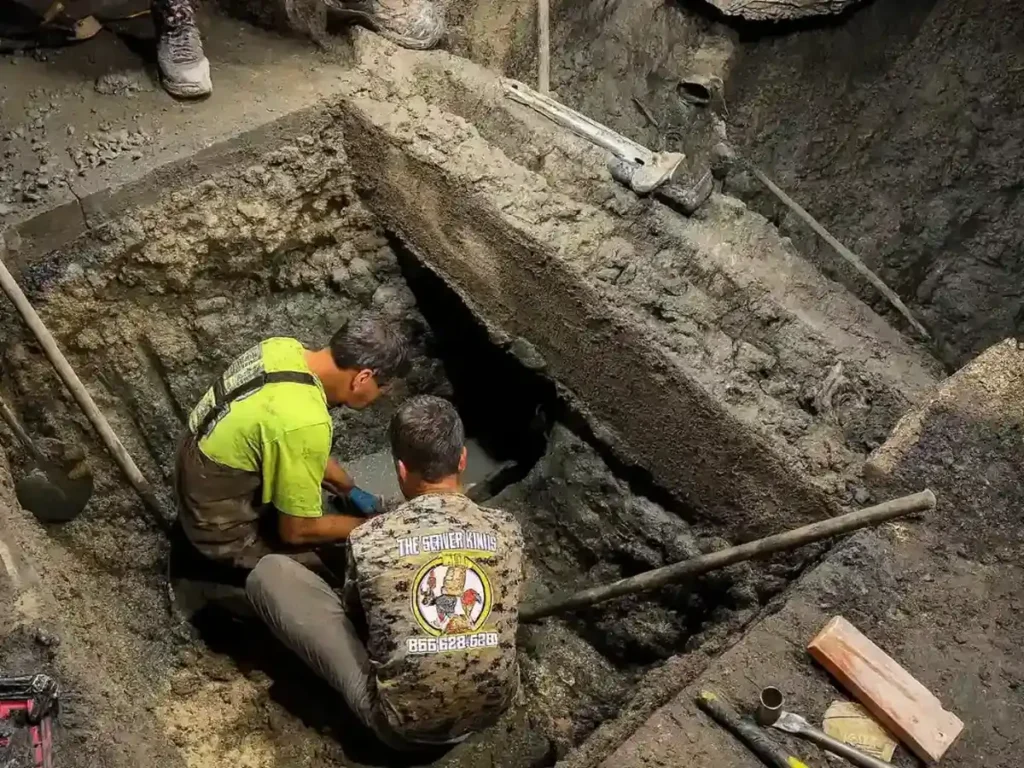 What to Ask a Sewer Line Repair Contractor in Evesham Before You Hire Sewer Kings crew working in an open pit at a failed sewer line in Evesham, NJ