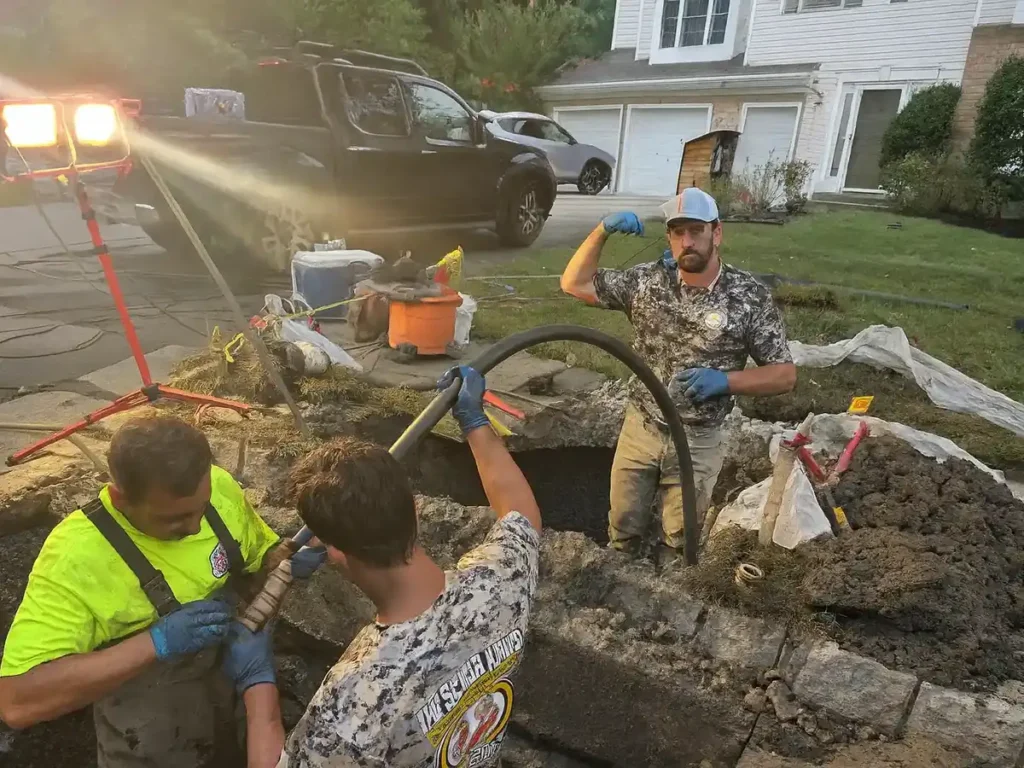 What to Ask a Sewer Line Repair Contractor in Evesham Before You Hire Sewer Kings crew working under work lights at a driveway sewer line dig in Evesham, NJ