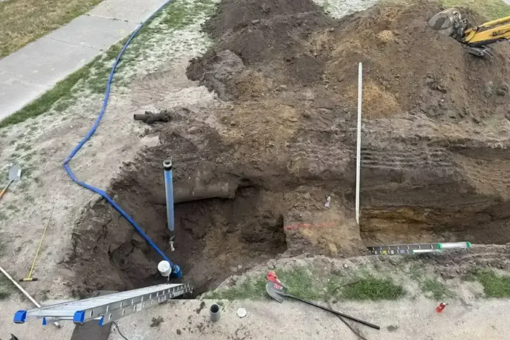 Sandy trench wall beside an old sewer line exposed in an open excavation in Evesham Township, NJ