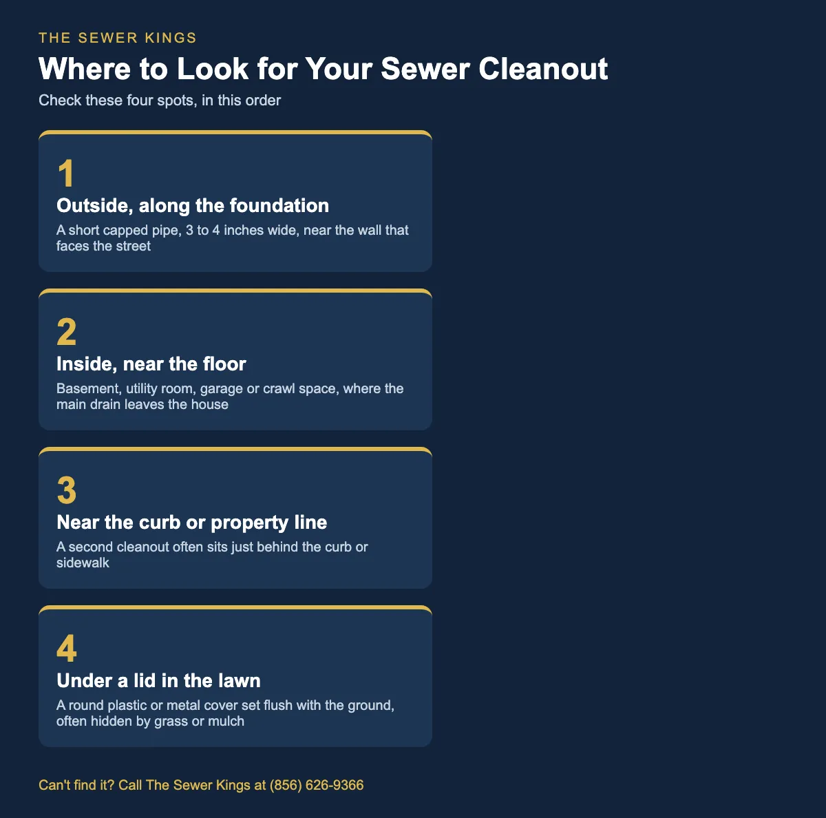 What Is a Sewer Cleanout and Where Is It? Infographic showing the four places to look for a sewer cleanout: outside foundation, inside near the floor, near the curb, and under a lawn lid