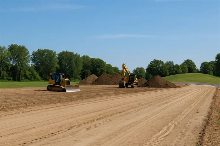Excavation equipment grading soil for a sewer line job in South Jersey