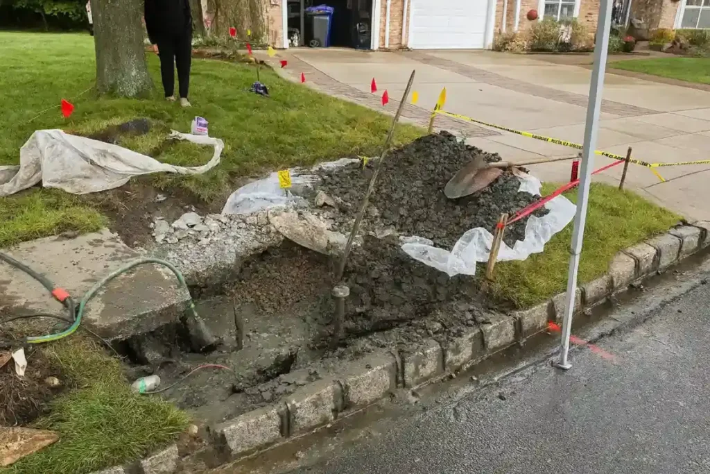 Who Owns the Sewer Lateral in Evesham Township? Trench cut through the curb and lawn to expose a sewer lateral running toward an Evesham Township, NJ house