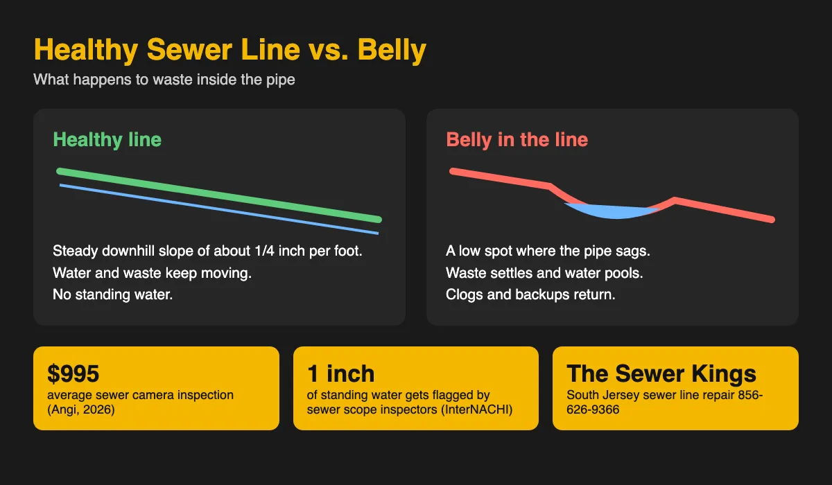Infographic comparing a healthy sewer line slope to a sewer line belly