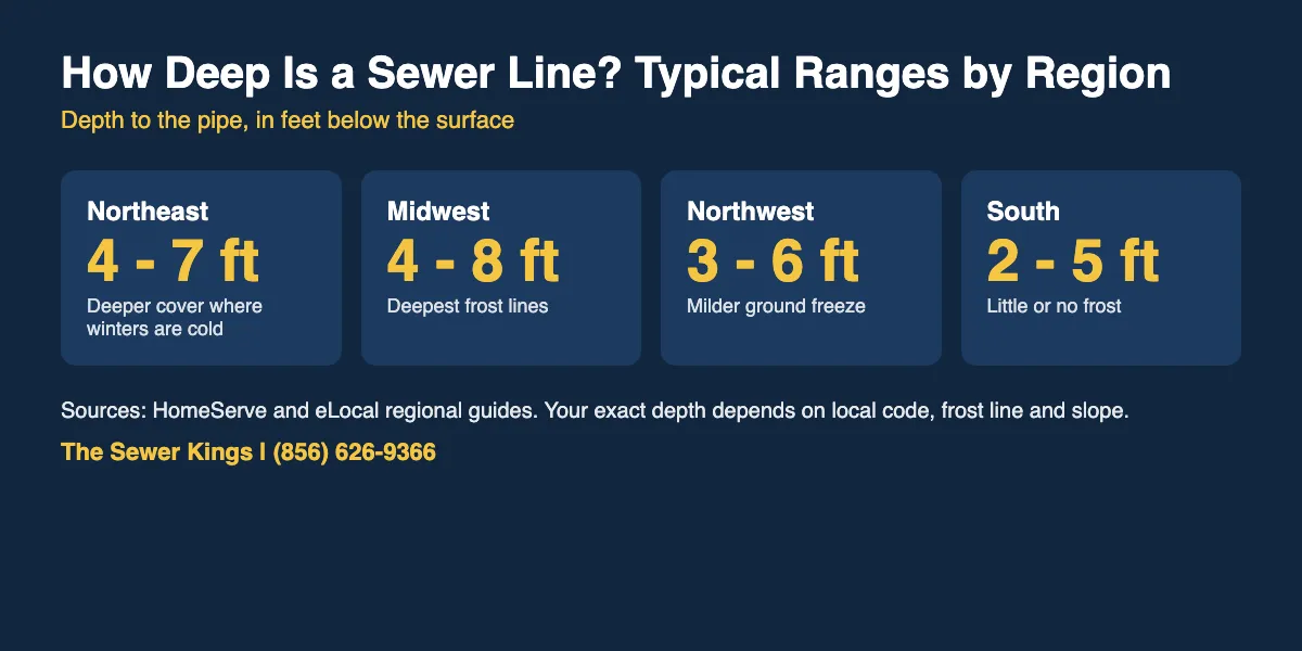 How Deep Are Sewer Lines Buried? Chart of typical sewer line depth in feet for the Northeast, Midwest, Northwest and South