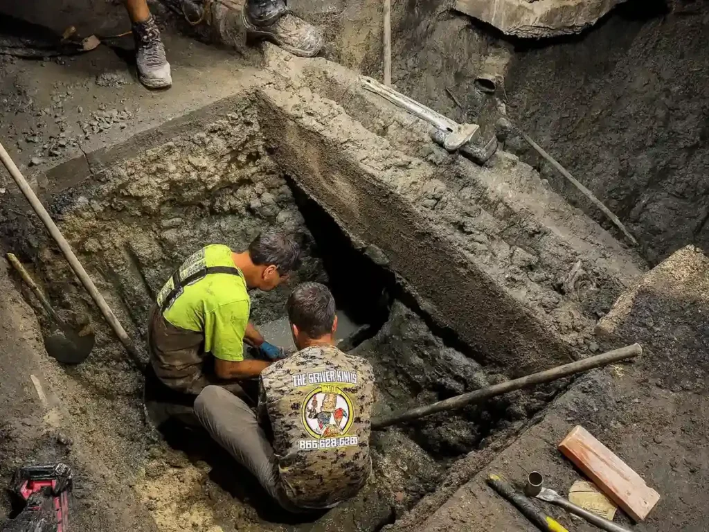 Sewer Kings crew working on a sewer line in an open pit during a repair in Evesham, NJ