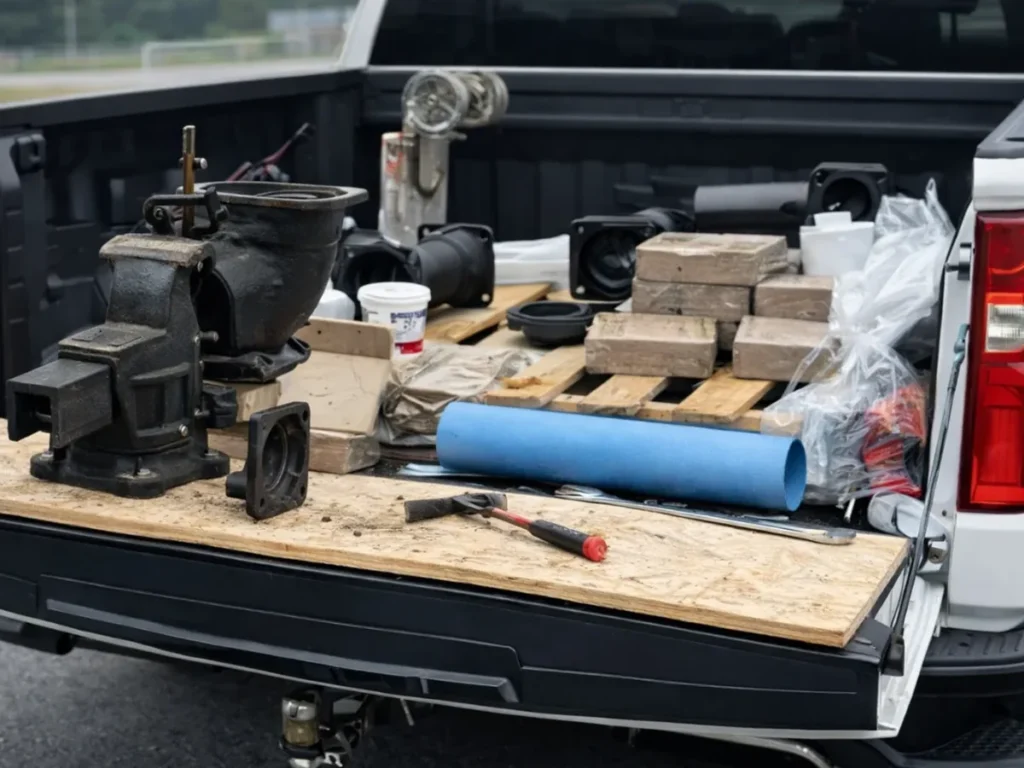 Sewer line repair fittings and tools staged in a Sewer Kings service truck in Evesham, NJ