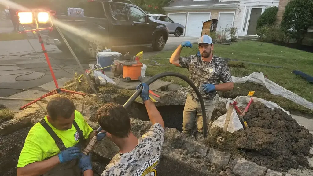 Sewer Kings crew opening a curbside sewer line under work lights in Evesham, NJ