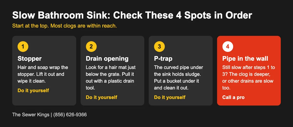 Checklist of four spots to check when a bathroom sink drains slowly