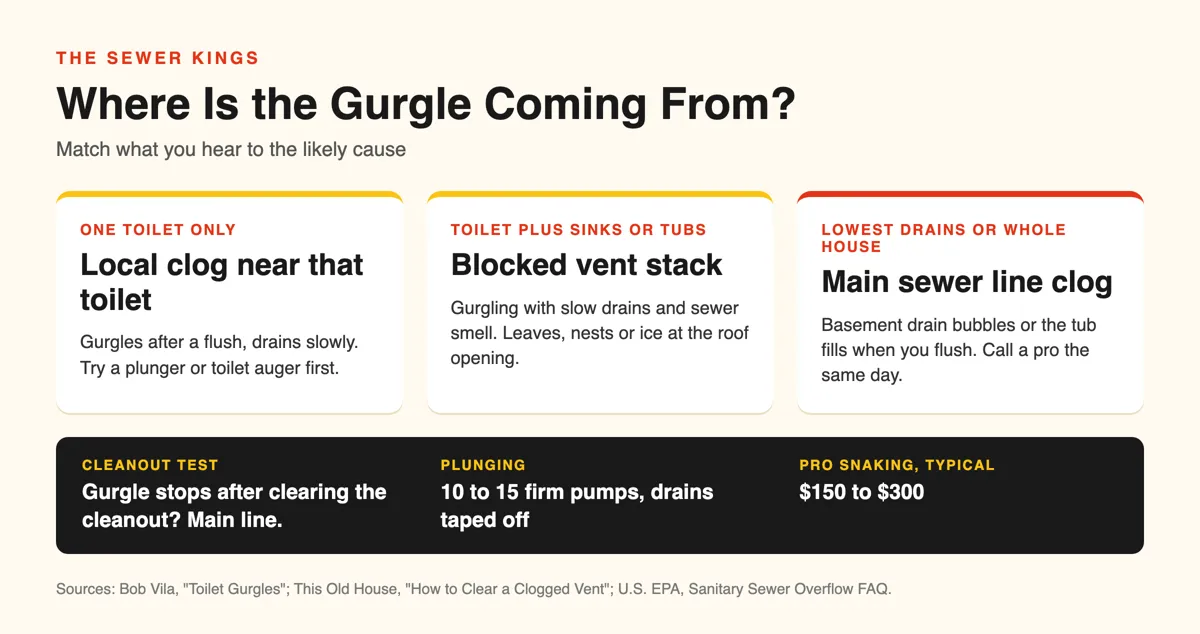 Why Is My Toilet Gurgling? Infographic matching a gurgling toilet to a local clog, blocked vent stack, or main sewer line clog